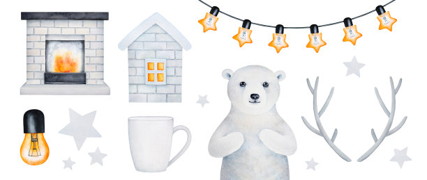 水彩插画收藏各种家居陈设装饰家居空间。图片下载