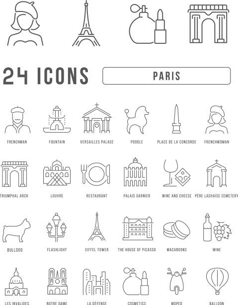 一套线性的巴黎图标图片下载