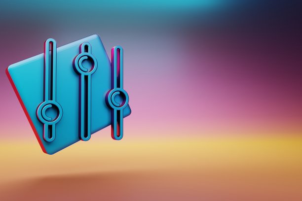 三个均衡器图标。美丽的蓝色三均衡器条符号图标在多色明亮的背景。3 d渲染插图。用于设计的背景图案。图片下载