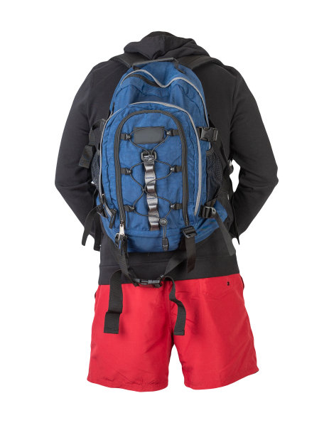 背包，运动衫，白色背景的短裤。图片下载