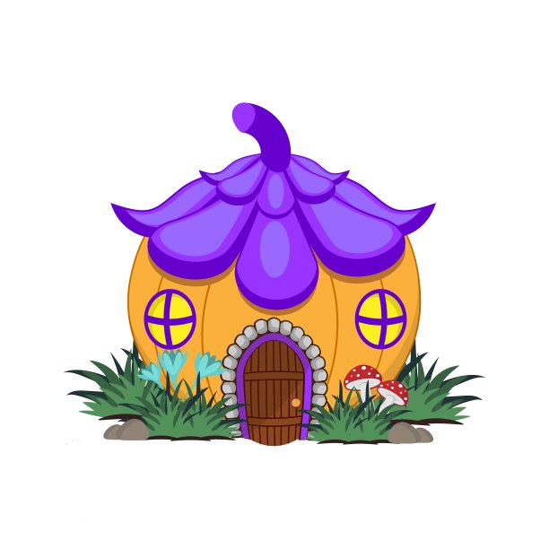 成熟南瓜形状的仙女小屋，白色背景上孤立的蓝铃花形状的屋顶。矢量卡通特写插图。图片下载