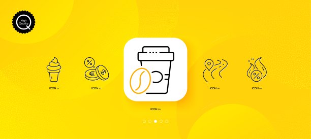 外卖咖啡，货币兑换和道路最小线图标。对于web应用程序，打印。向量图片下载