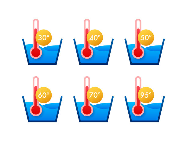 温度的水。温度洗涤图标与温度计。图片下载