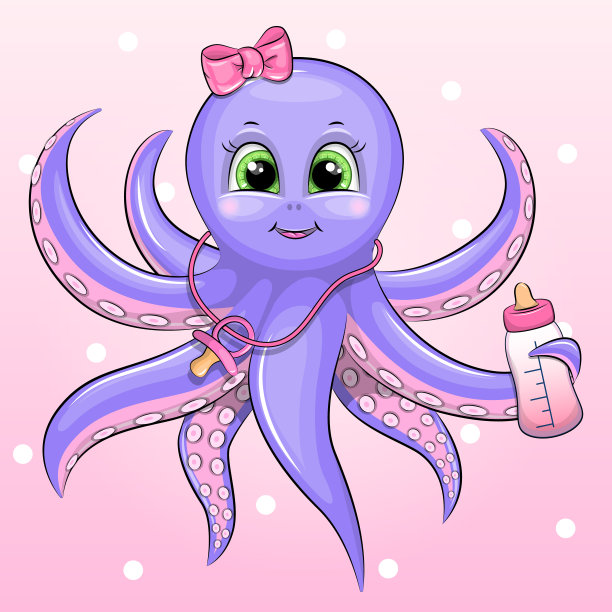可爱的卡通章鱼与奶瓶和婴儿假人。图片下载