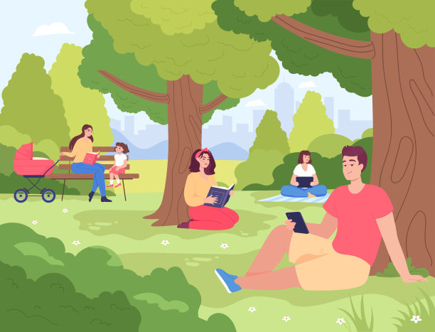 年轻人在公园里阅读纸质书和电子书图片下载