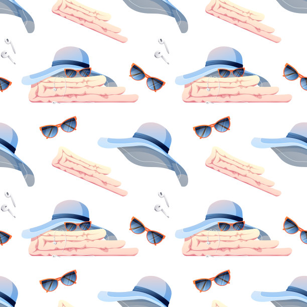 无缝图案的沙滩帽，眼镜，毛巾。无缝质感，夏日、沙滩点缀。适用于纺织、造纸、墙纸图片下载