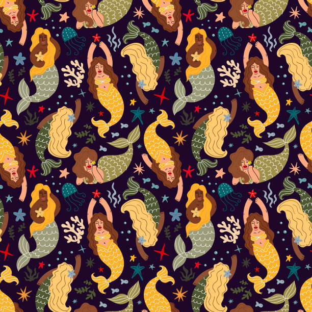 无缝图案与美人鱼和海洋生物图片下载