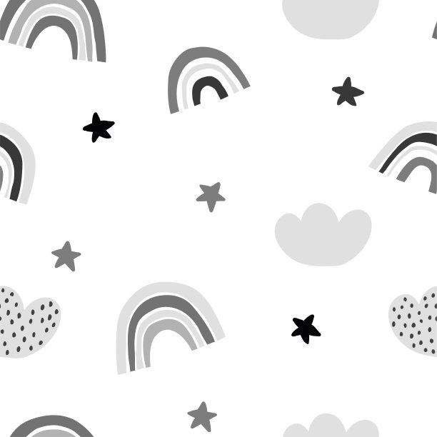 黑色和白色无缝儿童图案手绘彩虹和心。创造性的斯堪的纳维亚儿童织物，包裹，纺织品，墙纸，服装纹理。矢量图图片下载