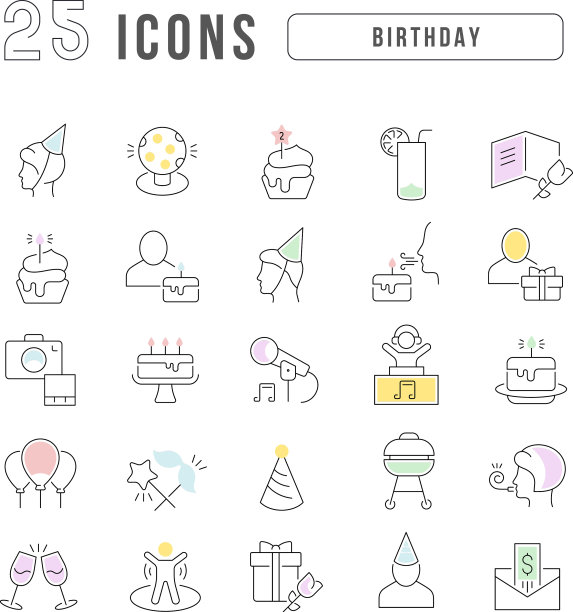 一套线性图标的生日图片下载