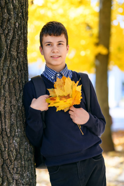 一个十几岁的男孩在秋天的城市公园里，阳光明媚的日子里，黄叶的树图片下载