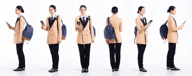 全长20岁年轻Mix种族女子商业销售双肩包，360前，侧，后，后视图图片下载