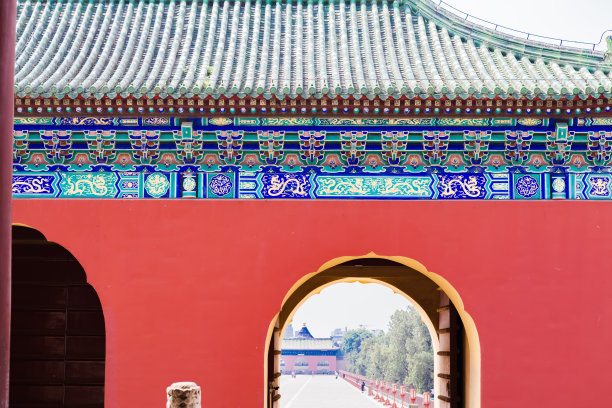 中国北京经典的天坛建筑外观，通过拱门看天坛外面的广场。图片下载