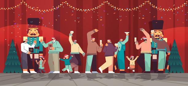 让不同种族的人戴着圣诞老人的帽子喝香槟图片下载