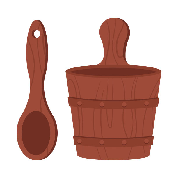 木制桑拿勺子和碗向量卡通插图孤立在白色背景。图片下载