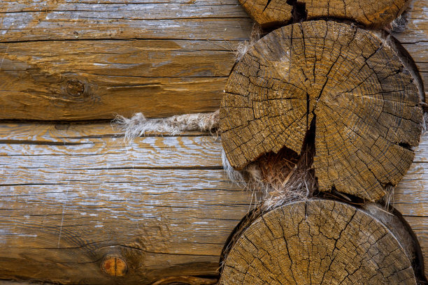 国家大厦的部分墙壁从圆形松木特写。来自自然材料的建筑物体的照片。图片下载