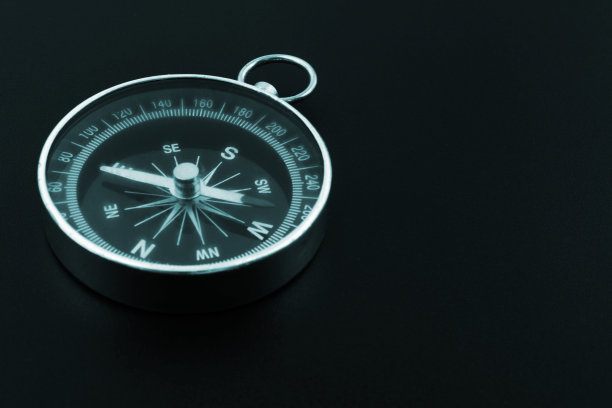 黑色背景上的指南针特写，带有文字空间图片下载