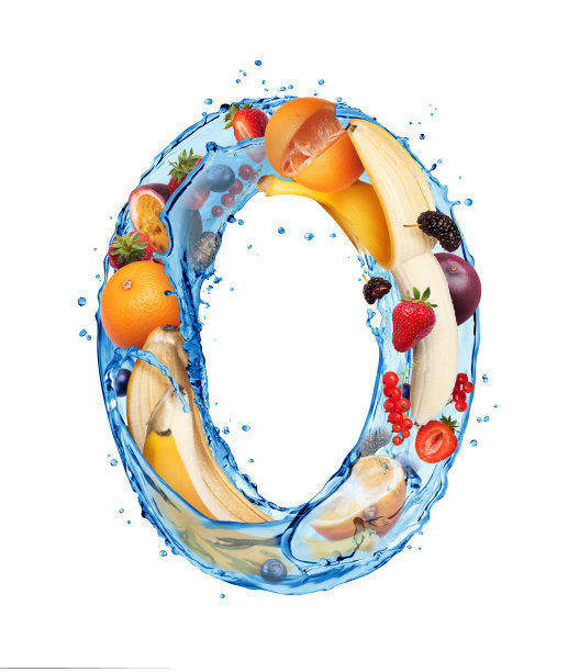 拉丁字母O，由水花和不同的水果和浆果组成图片下载
