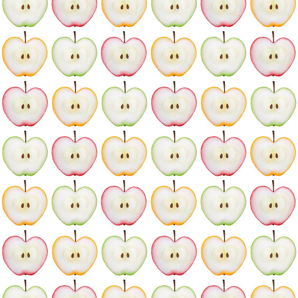 无缝重复的红，黄，绿苹果片的图案。图片下载