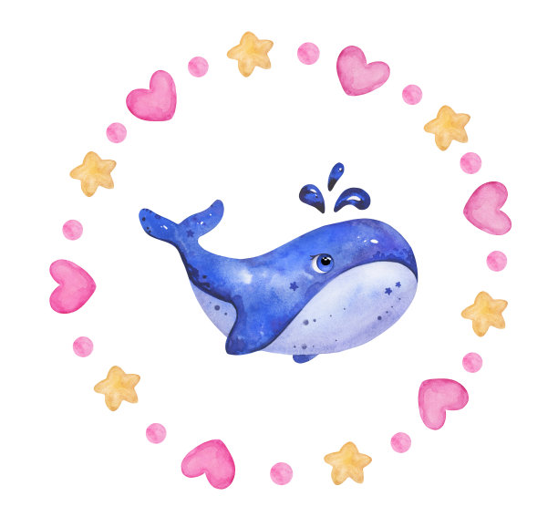 可爱的粉色鲸鱼手绘水彩。剪贴艺术与欢快的性格的邀请，婴儿淋浴，生日快乐图片下载