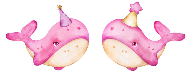 可爱的双胞胎姐妹粉红色鲸鱼手绘水彩。剪贴艺术与欢快的性格的邀请，婴儿淋浴，生日快乐图片下载