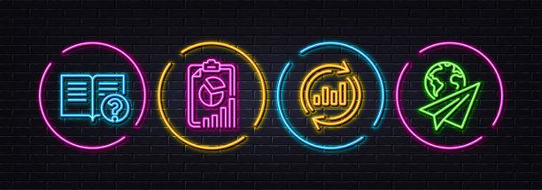 帮助、报告和更新数据最小化行图标。对于web应用程序，打印。氖激光3d灯。向量图片下载