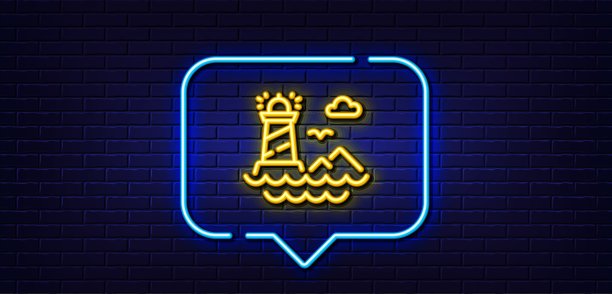 灯塔行图标。烽火台的迹象。探照灯。霓虹灯语音泡泡。向量图片下载