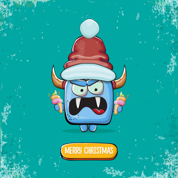 卡通时髦的蓝色怪物和圣诞老人图片下载