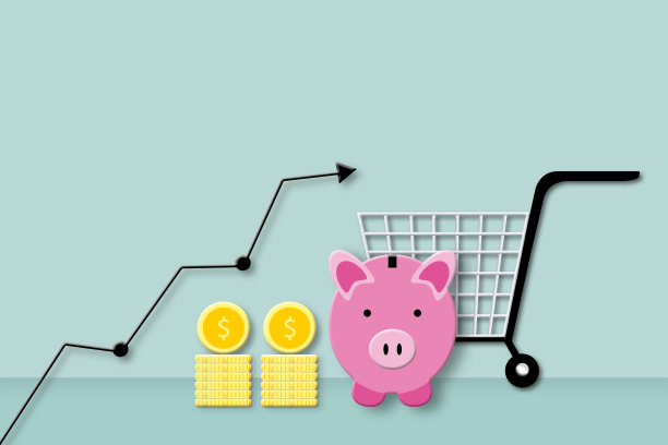 以粉色的存钱罐、硬币和购物车为背景的箭头上升，隐喻生活成本的上升。图片下载