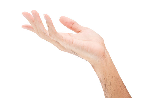 男性的手伸出并随时准备帮助或接受。手势孤立在白色背景上。图片下载