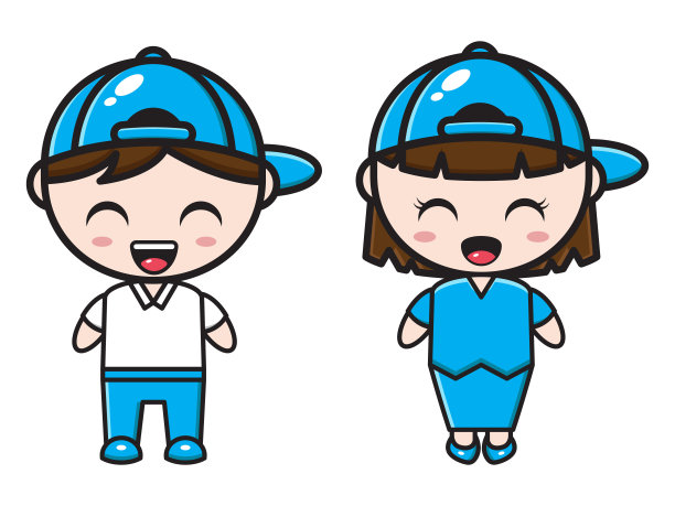 穿着蓝色休闲服的可爱卡通情侣插画图片下载