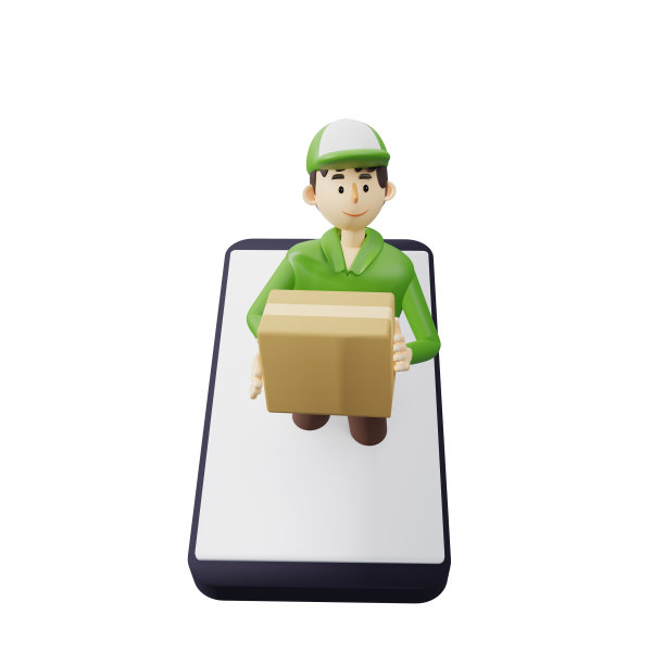 快速快递服务理念。快递员从智能手机弹出一个盒子。3d渲染卡通插图。图片下载