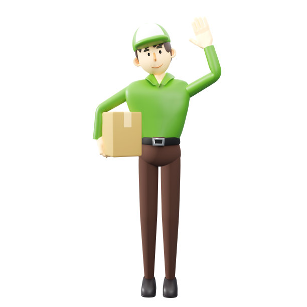 快递服务理念，快递员拿着盒子挥手。3d渲染卡通插图。图片下载