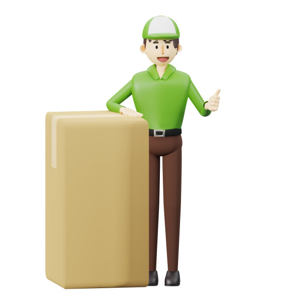 良好的快递服务理念，快递员站在一个大盒子旁，竖起大拇指。3d渲染卡通插图。图片下载
