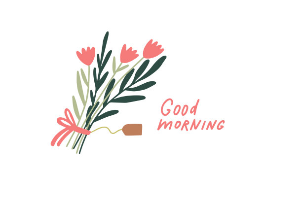 鲜花花束交付。早上好文本。图片下载
