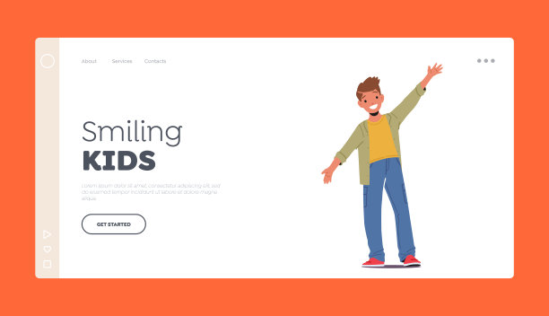 微笑的孩子登陆页面模板。儿童角色表达有趣的感觉，快乐的小男孩笑着张开双臂图片下载