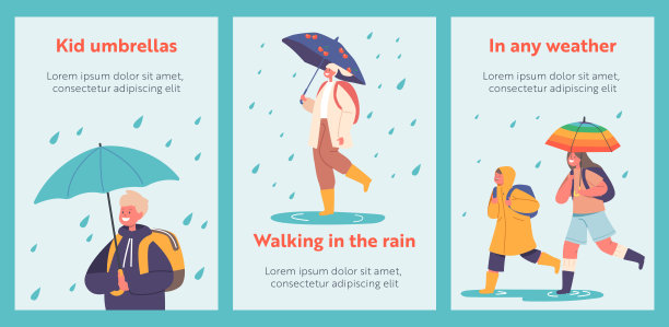 横幅与快乐的孩子走在伞下，小男孩和女孩的角色在温暖的衣服与背包图片下载