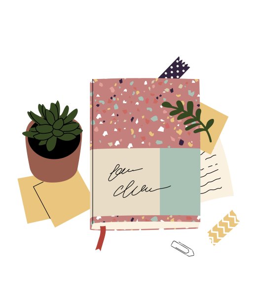 用文具装饰组成。写日记，写信，享受日常生活。可爱的植物。桌子上的物品。前视图。平面风格的矢量插图。图片下载