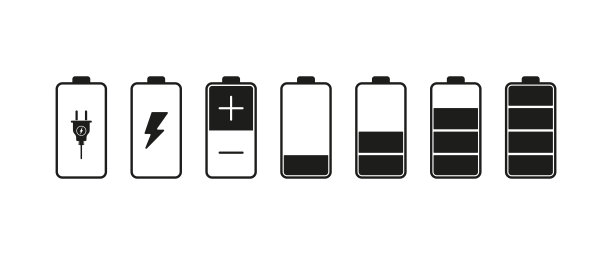 电池图标。充电，电，正，负，接触，低和高充电水平。自治的概念。矢量线图标的业务和广告图片下载