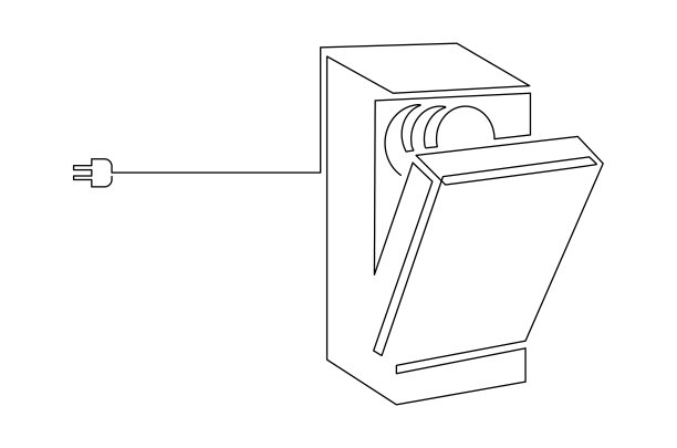 开着门的洗碗机，里面有盘子。幽默的例子。矢量连续直线绘制孤立在白色背景。图片下载