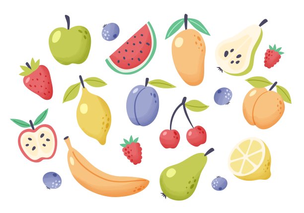 夏天水果集合。集新鲜热带和花园水果涂鸦，有机生物素食食品。可爱的卡通矢量插画图片下载