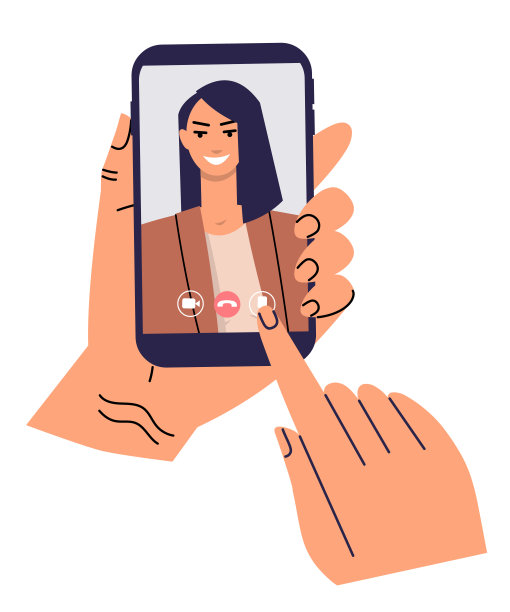 一只手拿着手机，另一只手用手指触摸屏幕。微笑的年轻女子在屏幕上和视频图标图标。视频通话的概念。图片下载
