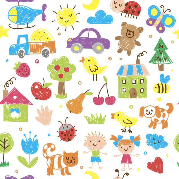 孩子们画的模式。有趣的涂鸦铅笔画草图草，树，云，花，动物房子最近的矢量无缝背景图片下载