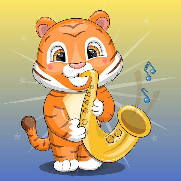 可爱的卡通老虎和萨克斯风。图片下载