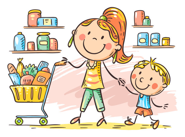 卡通涂鸦妈妈和儿子在超市与购物车图片下载