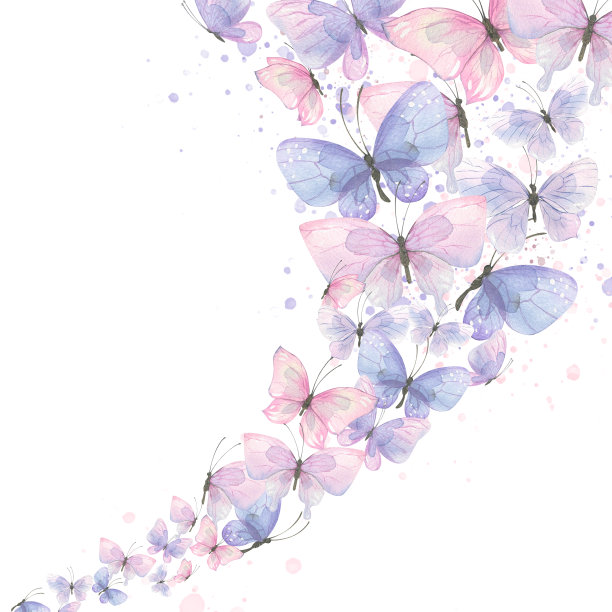 在旋风中飞舞的蝴蝶。精致的粉红色和紫色蝴蝶与飞溅的油漆。水彩插图。为设计和装饰组成明信片、海报请柬图片下载
