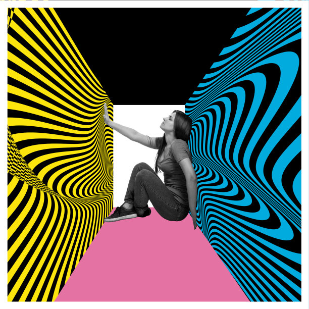 当代艺术拼贴。忧伤的年轻女人抑郁坐在立方体与蓝色和黄色催眠，光学错觉墙。内心世界的概念，心理学图片下载
