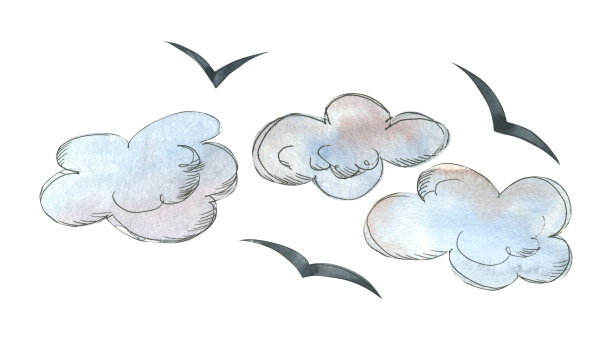 一组云和鸟，水彩插图，孤立的素描风格的对象与图形元素。来自巴黎的一大群人。装饰、设计。在我的作品集中找到更多的项目。图片下载