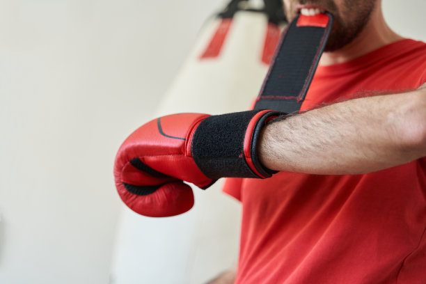 雄性用嘴用拳击袋戴上拳击手套图片下载