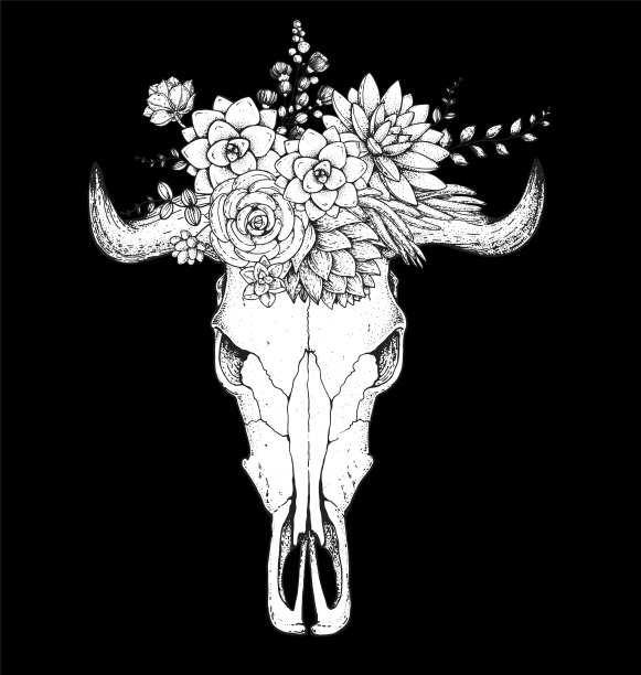 水牛头骨和鲜花手绘插图。蛮荒的美国西部。矢量插图。纹身的打印。水牛头骨和花束。t恤的设计。图片下载