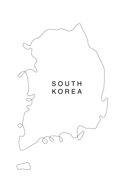 线条艺术韩国地图。连续线亚洲地图。矢量插图。单一的轮廓。图片下载
